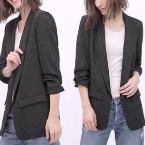 Zara Black Open Front Cinched 3/4 Sleeve Blazer